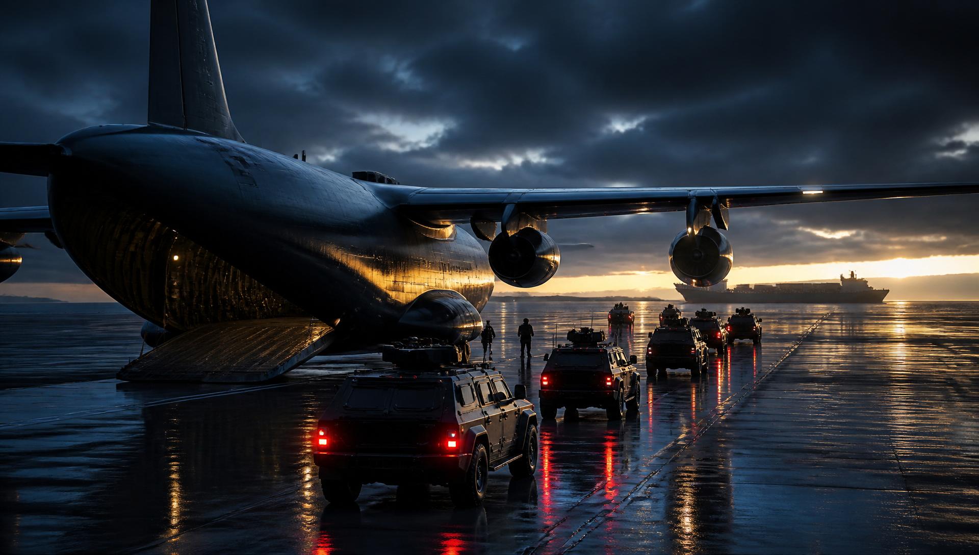 Armoured convoy loading a secured cargo aircraft at dawn